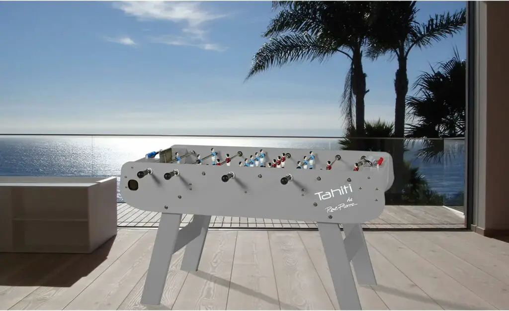 René Pierre Outdoor Foosball Table - Tahiti. Designed with Safety Telescoping Rods with Ergonomic Handles and 2 Single Goalies